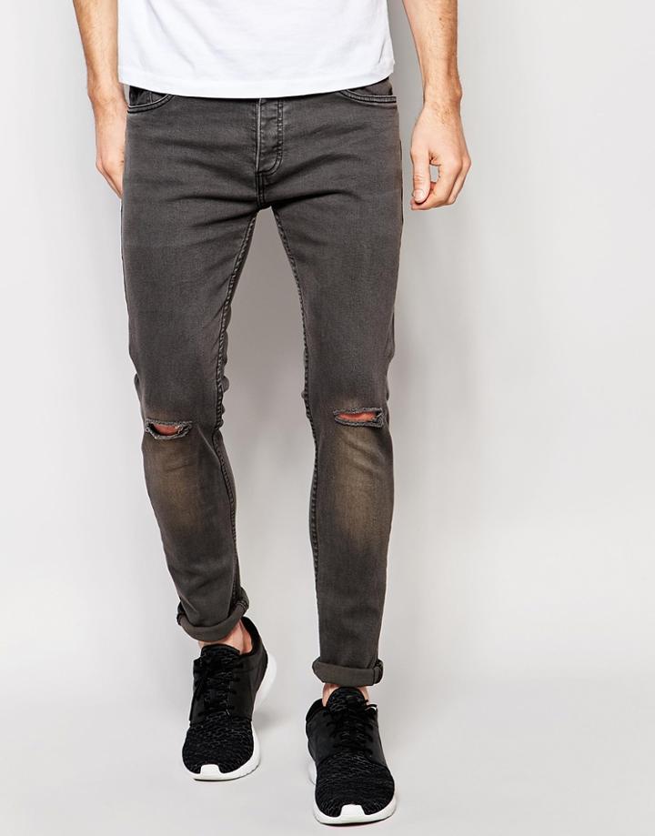 Brave Soul Charcoal Skinny Knee Ripped Jeans - Gray