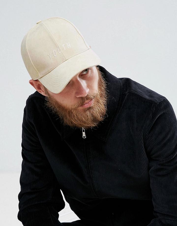 Asos Baseball Cap In Stone Faux Suede With Youth Embroidery - Stone
