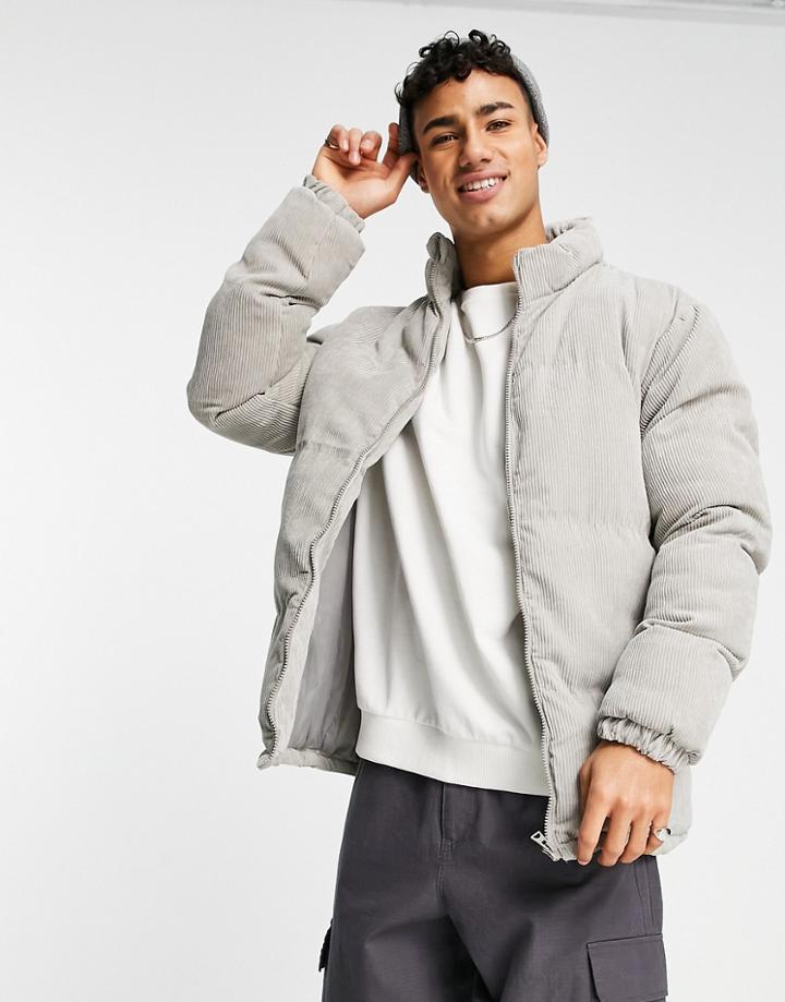 Brave Soul Cord Puffer Jacket In Ice Gray