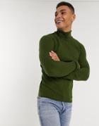 Asos Design Muscle-fit Basket Stitch Rollneck Sweater In Khaki-green