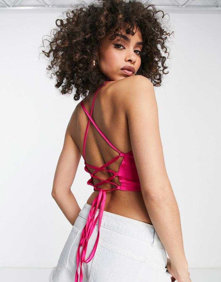 Naanaa Cowl Neck Back Detail Satin Crop Top In Fuschia-pink