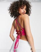 Naanaa Cowl Neck Back Detail Satin Crop Top In Fuschia-pink