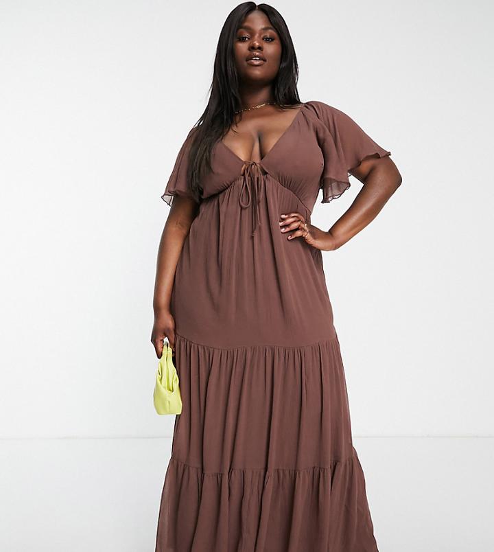 Asos Design Curve Soft Tiered Maxi Dress With Tie Front In Brown