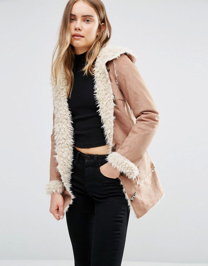 Qed London Duffel Coat With Faux Shearling - Brown