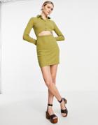 Asos Design Long Sleeve Ribbed Mini Dress With Cut Out In Olive Green