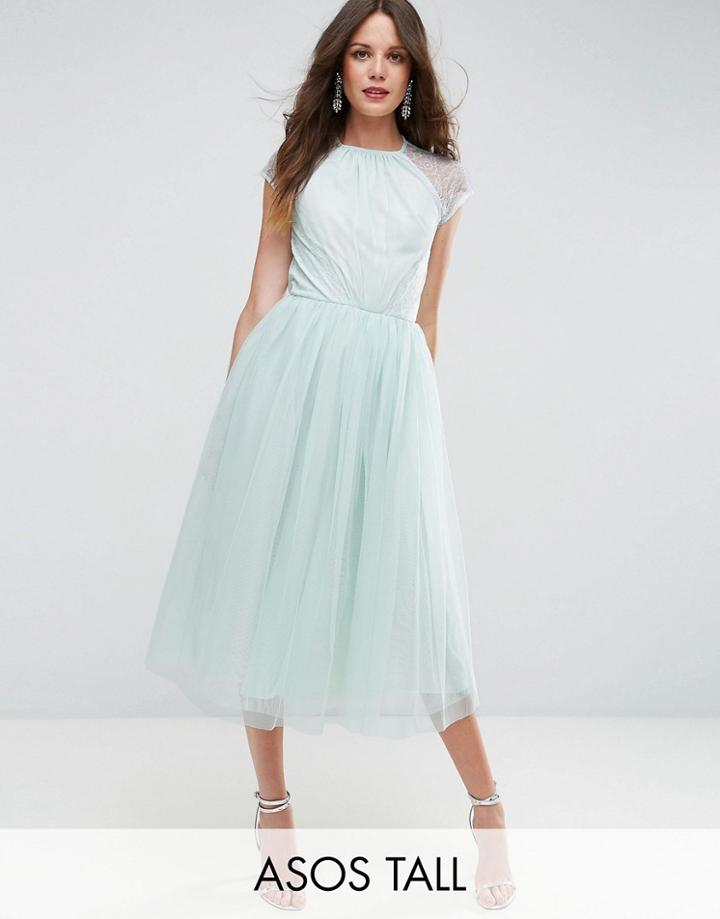 Asos Tall Premium Lace Tulle Midi Prom Dress - Green