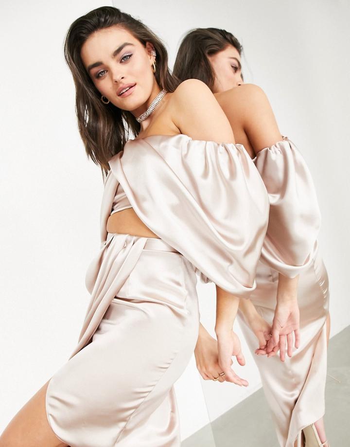 Asos Edition Satin Drape Off Shoulder Top In Pink