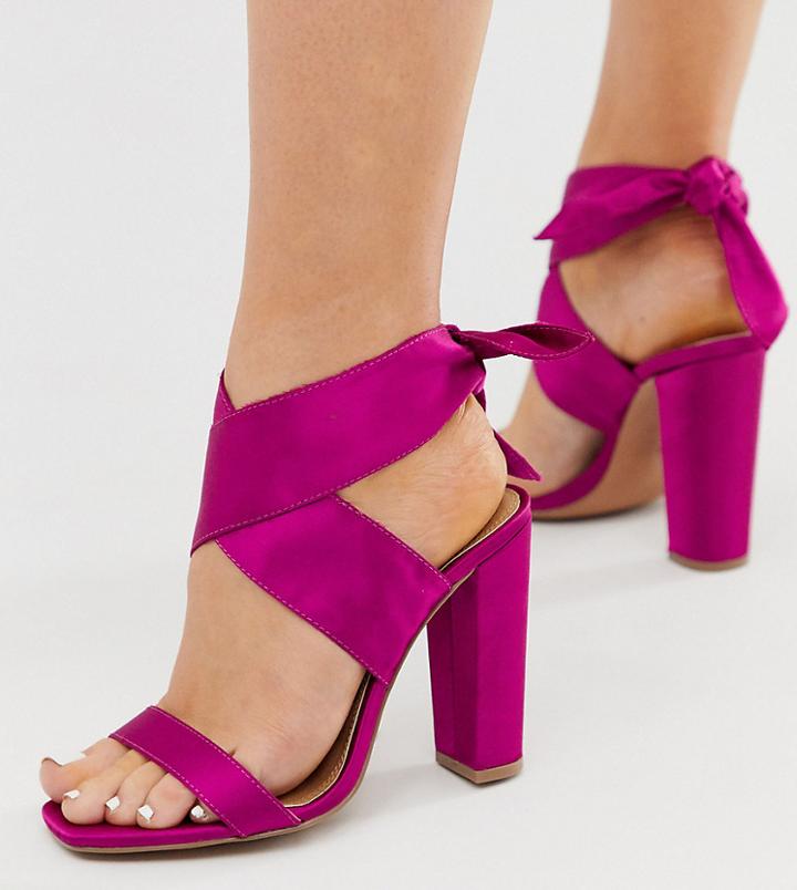 Asos Design Wide Fit Wilderness Tie Leg Block Heeled Sandals In Fuschia - Pink
