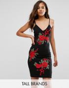 Parisian Tall Cami Dress With Rose Embroidery - Black