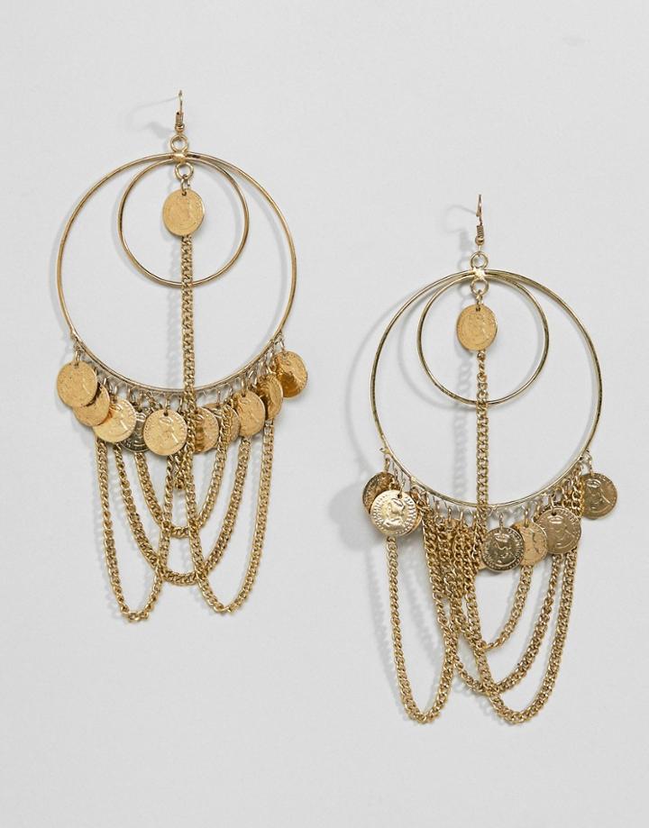 Asos Design Statement Draping Chain And Coin Hoop Earrings - Gold