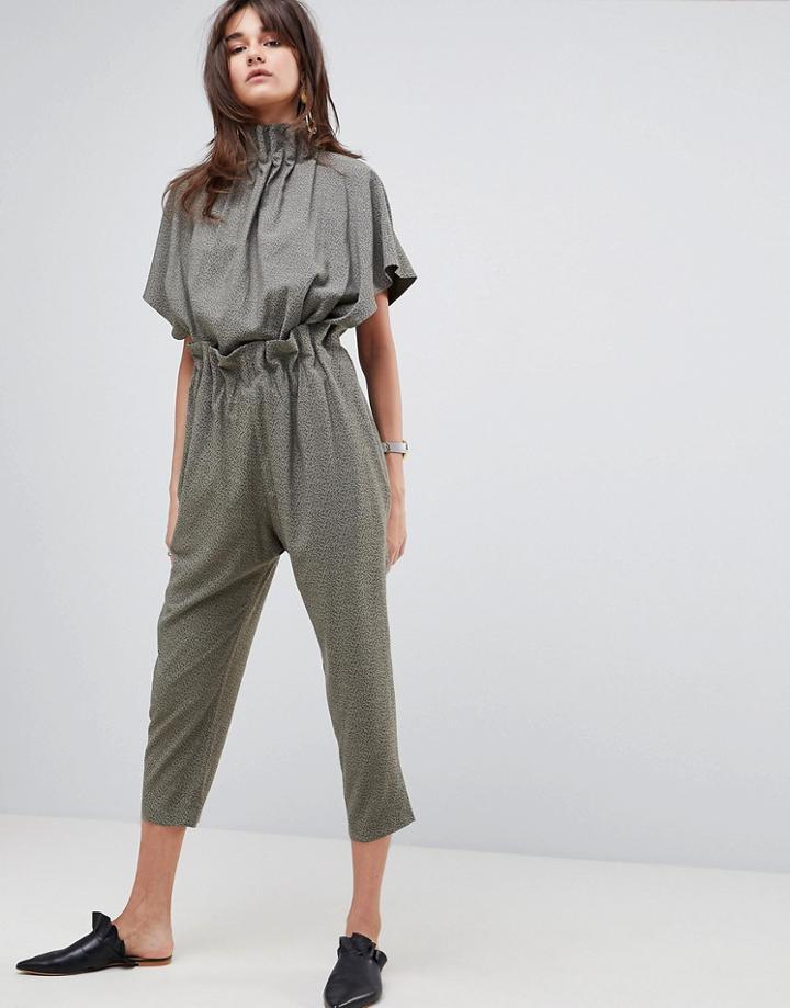 Asos White Soft Ruffle Jumpsuit In Jacquard-green