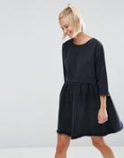 Asos Denim Smock Dress With Raw Hem In Washed Black - Black