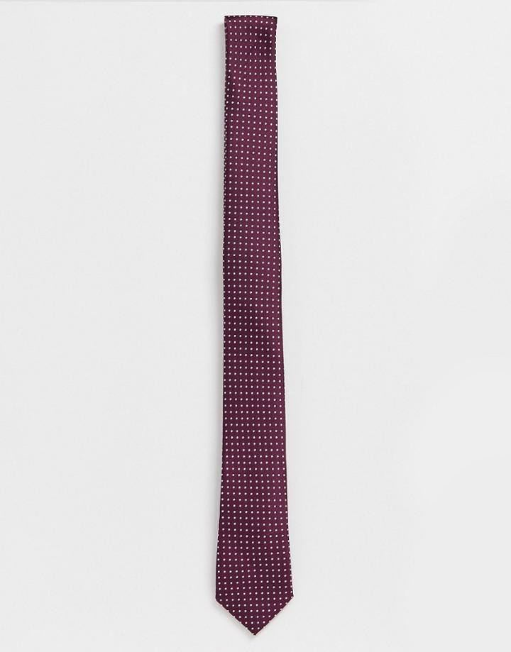Asos Design Slim Tie In Burgundy Polka Dot - Red