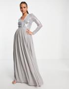 Goddiva Long Sleeved Plunge Embellished Maxi Dress In Gray