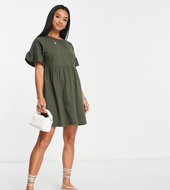 River Island Petite Frill Smock Mini Dress In Olive-green