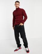 Asos Design Lightweight Cable Knit Roll Neck Sweater In Burgundy-red