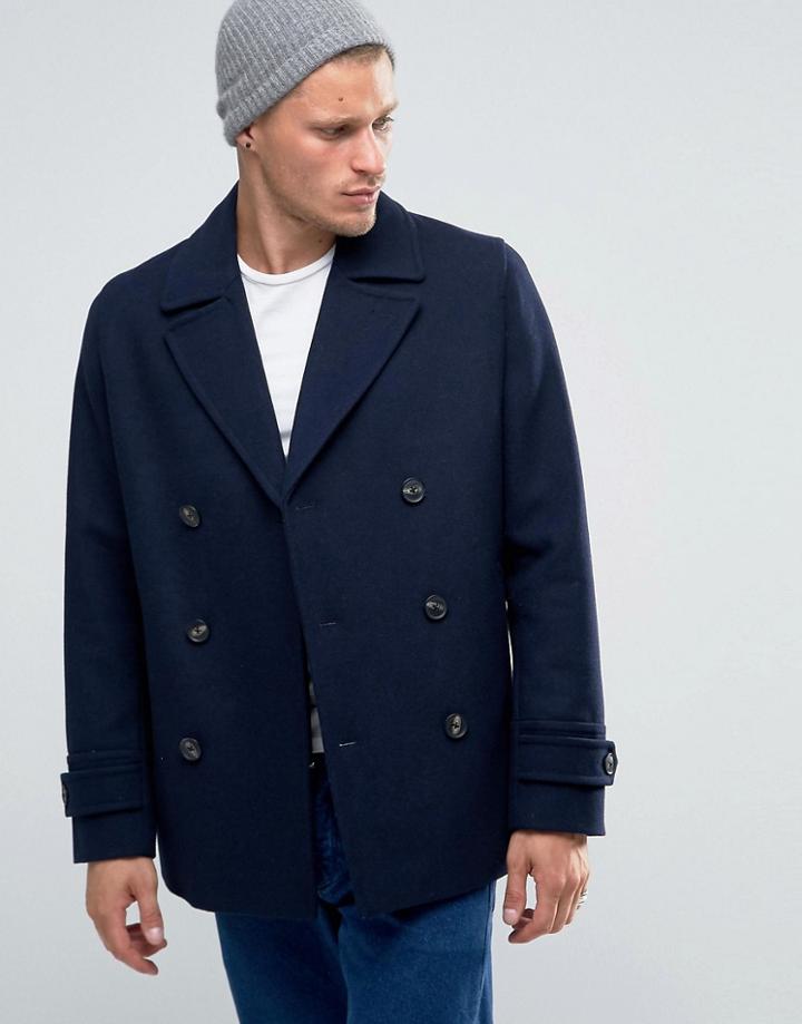 Asos Wool Mix Peacoat In Navy - Navy