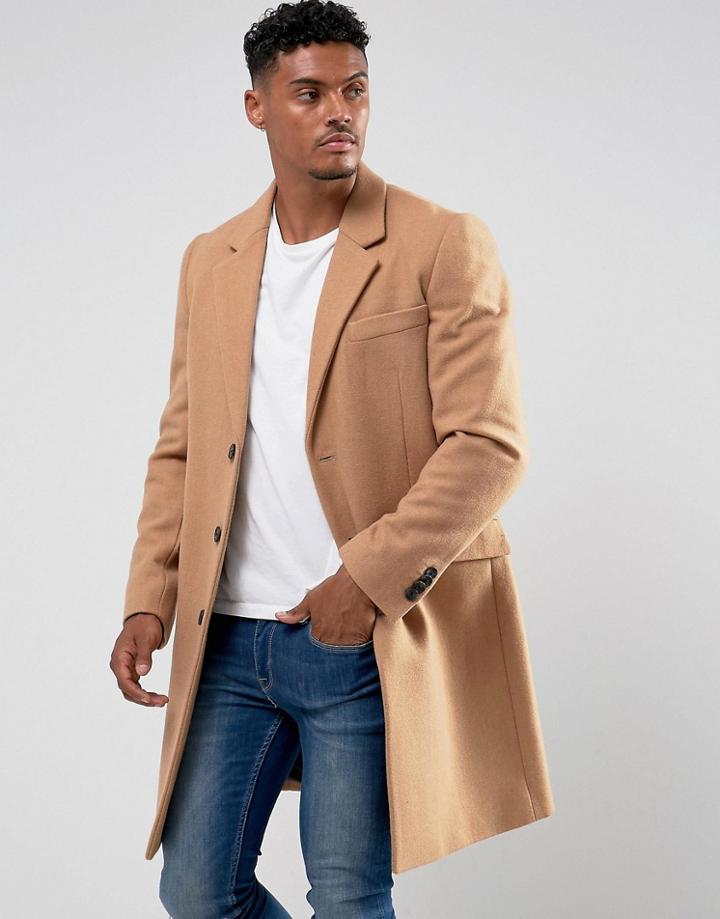 Asos Wool Mix Overcoat In Camel - Tan