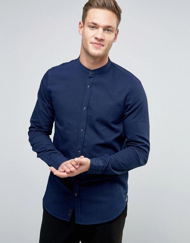 Sisley Shirt With Grandad Collar In Regular Fit - Navy