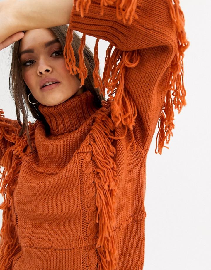 Neon Rose High Neck Relaxed Sweater With Tassels-orange
