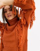 Neon Rose High Neck Relaxed Sweater With Tassels-orange