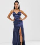 Club L London Petite Satin Plunge Front Maxi Dress With High Thigh Split In Navy