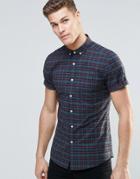 Asos Skinny Shirt In Navy Plaid Check With Short Sleeves - Green