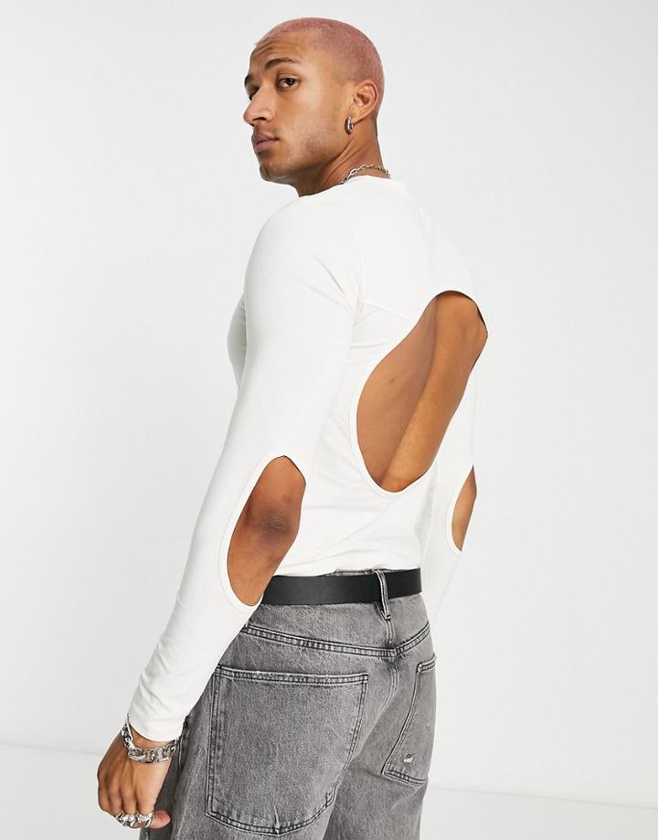 Asos Design Long Sleeve Muscle T-shirt With Back And Elbow Cut Outs In White