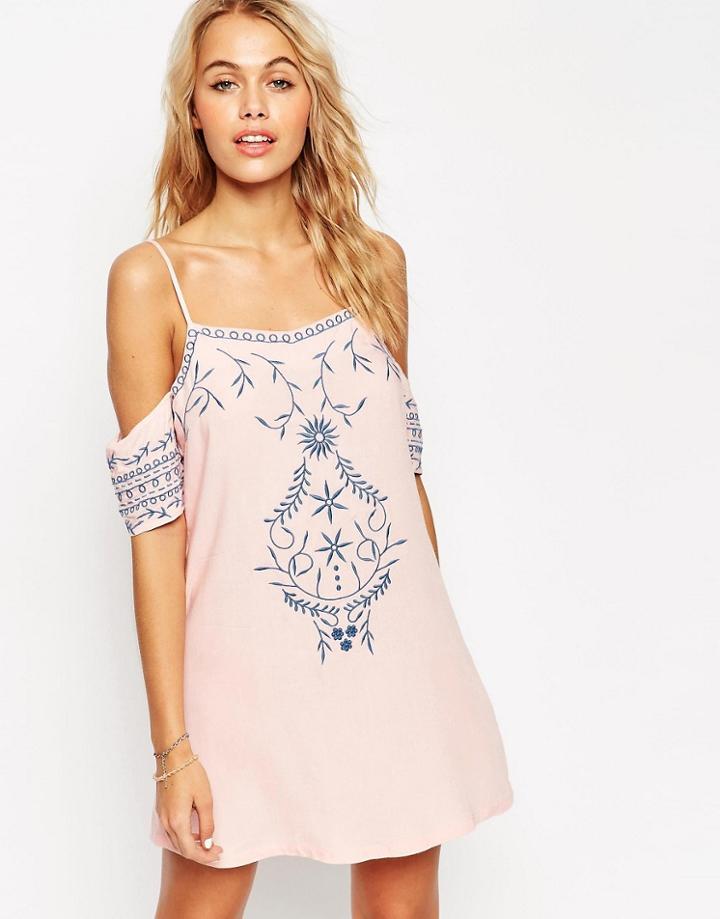 Asos Mono Folk Embroidered Cold Shoulder Beach Dress - Multi