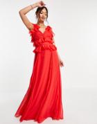 Asos Design Tiered Ruffle Maxi Dress With Tie Back In Red-multi