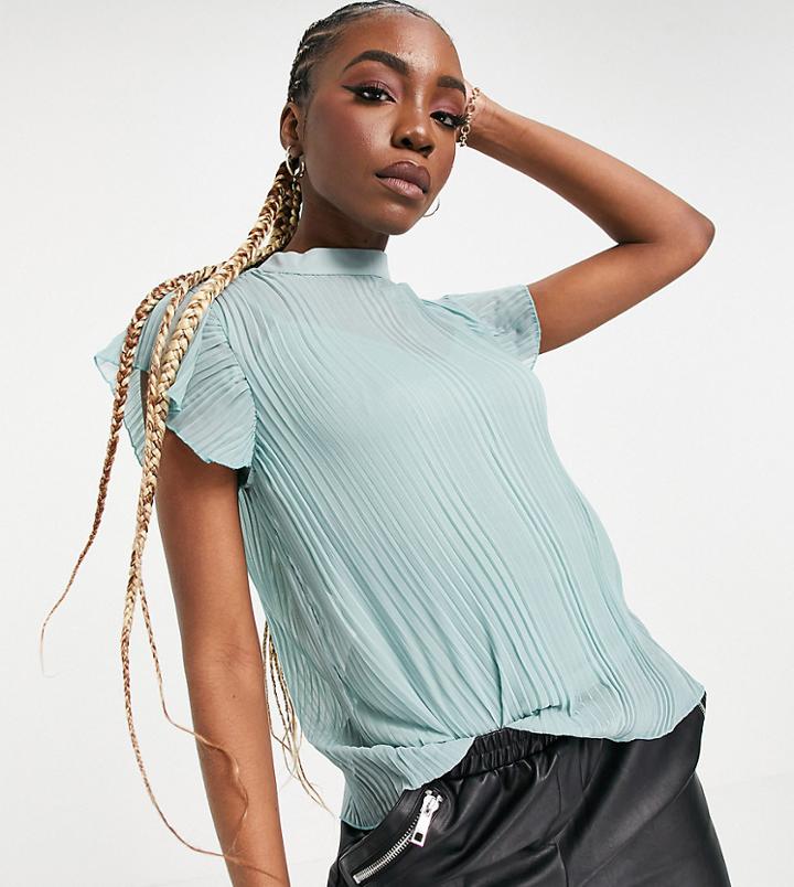 Asos Design Tall Short Sleeve Pleated Top In Dusty Blue-blues