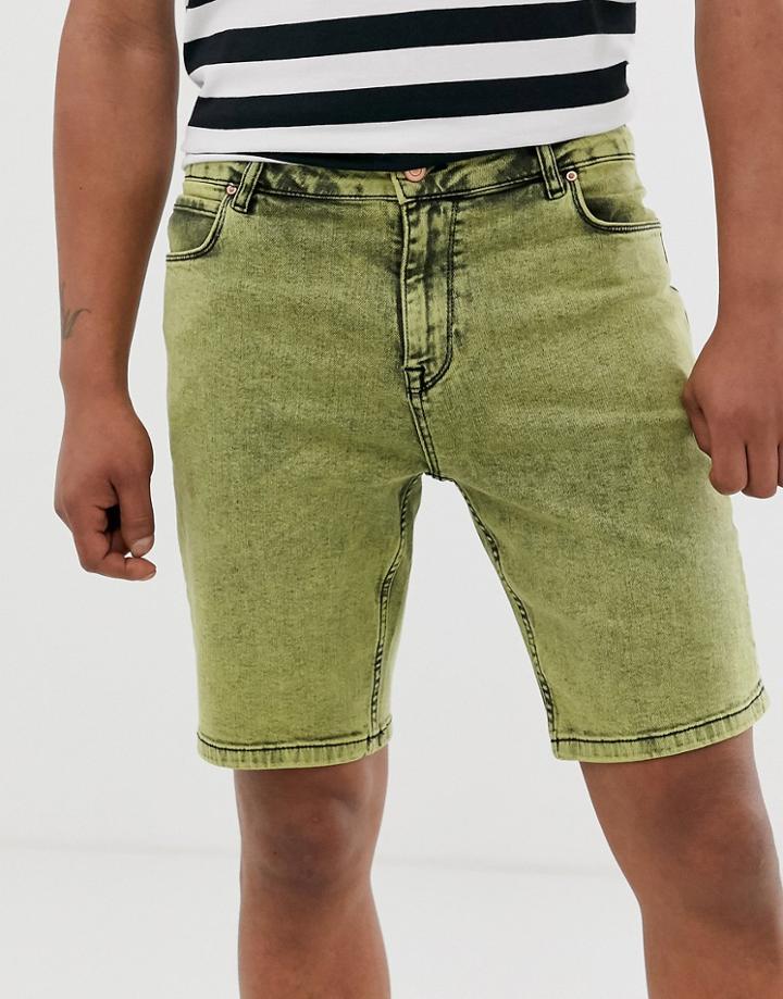 Asos Design Skinny Denim Short In Green Acid Wash