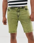 Asos Design Skinny Denim Short In Green Acid Wash