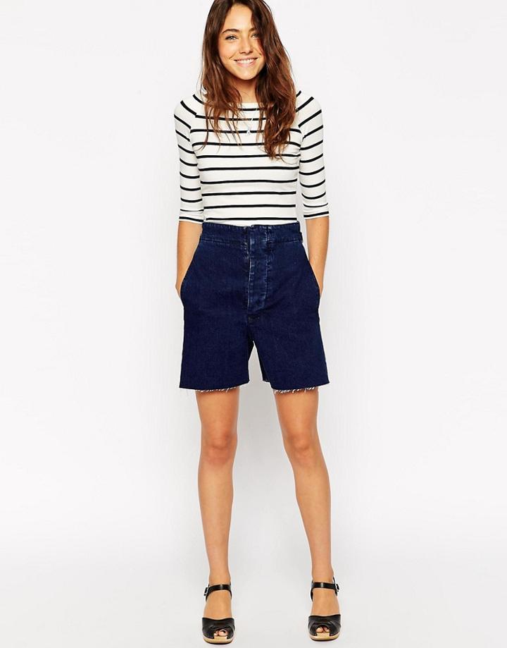 Asos Denim High Waisted Wide Leg Shorts In Indigo - Blue