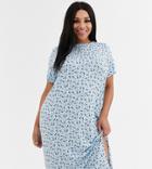 Daisy Street Plus Midi T-shirt Dress With Split In Ditsy Floral Print-blue