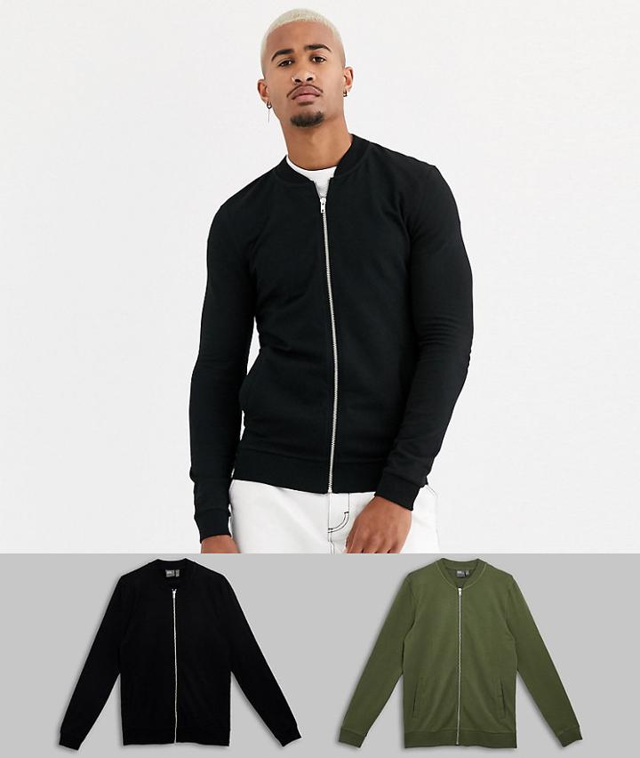 Asos Design Muscle Jersey Bomber Jacket 2 Pack Black/khaki-multi