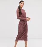 Asos Design Tall Lace Long Sleeve Midi Pencil Dress-purple