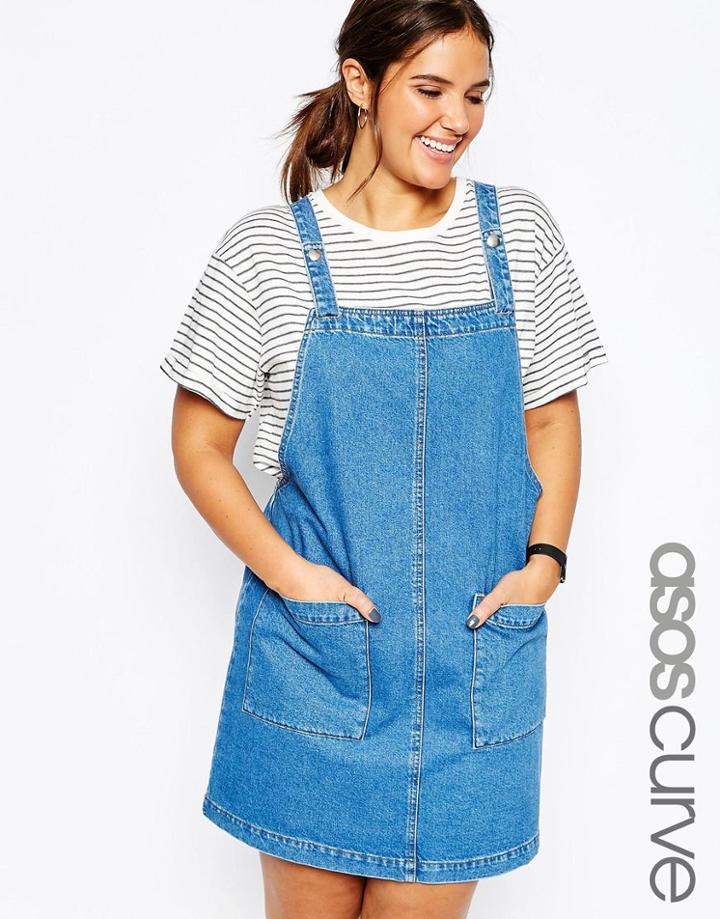 Asos Curve Denim Mini Pinafore Dress In Blue - Blue