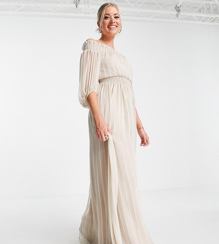 Asos Design Tall Off-the-shoulder Maxi Dress With Blouson Sleeve In Self Stripe In Stone-neutral