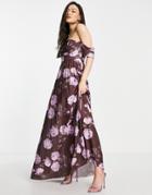 Asos Design Off Shoulder Drape Neck Pleated Maxi Dress In Purple Floral Print-multi