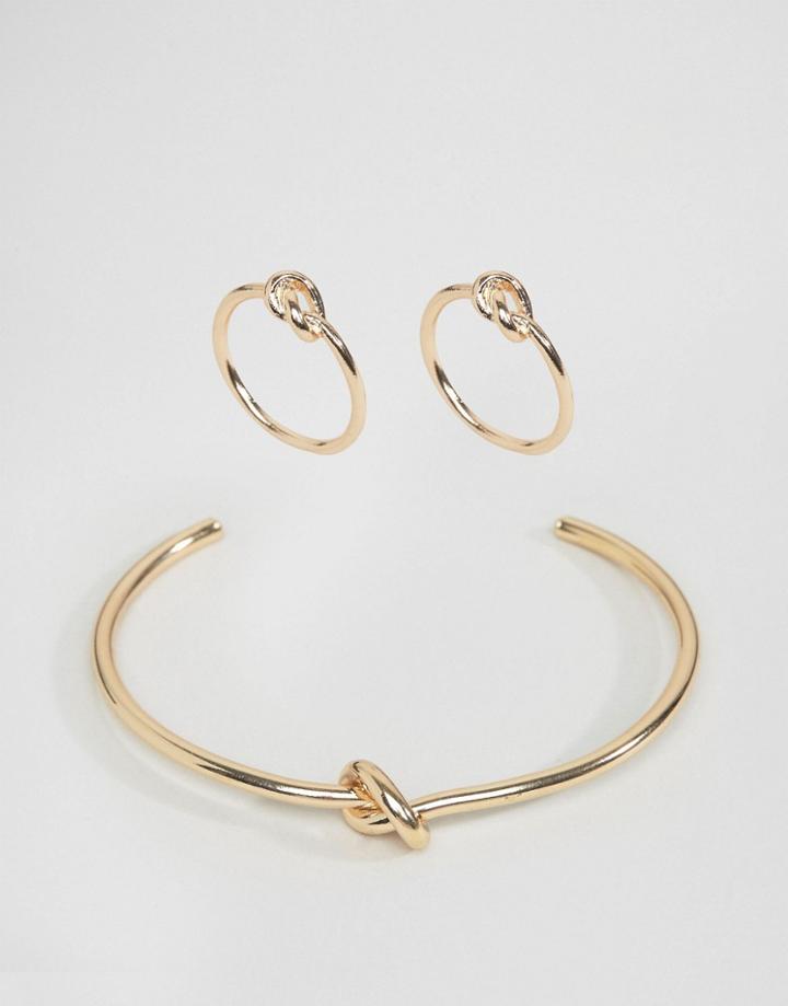 Asos Pack Of 3 Knot Rings And Cuff Bracelet Pack - Gold