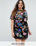 Asos Curve Premium Mini T-shirt Dress In Pretty Embroidered Mesh - Multi