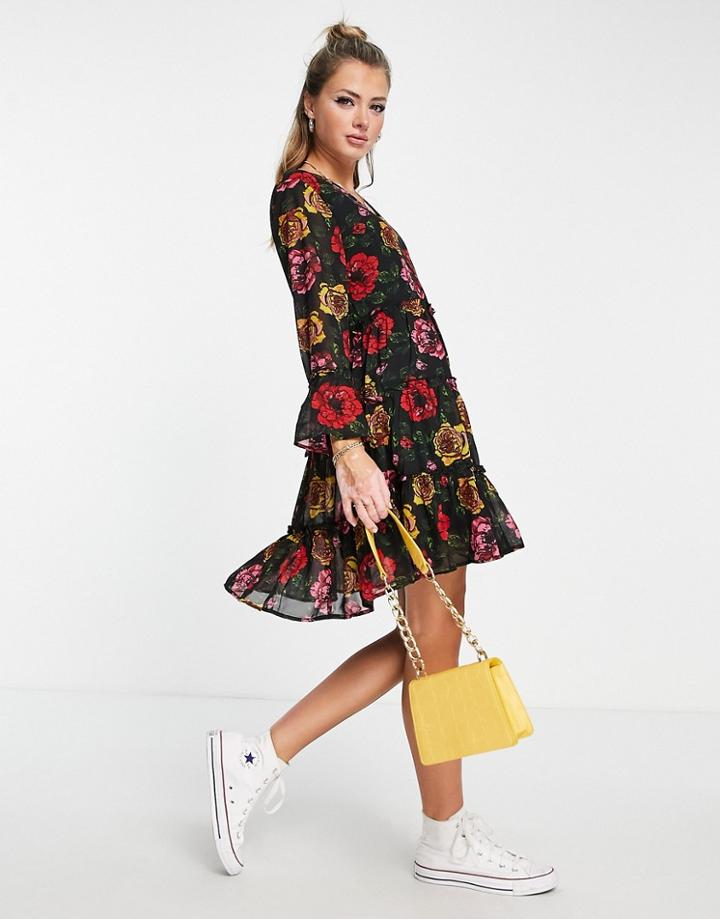 Jdy Dylan Mini Smock Dress In Floral Print-black