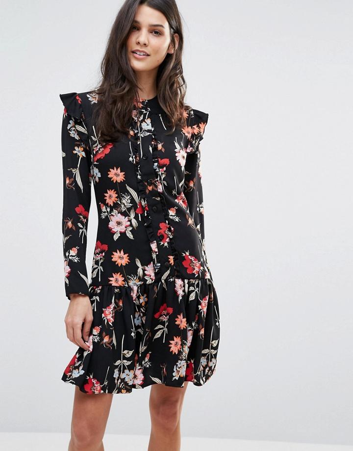 Liquorish Floral A Line Dress With Frill Details - Multi