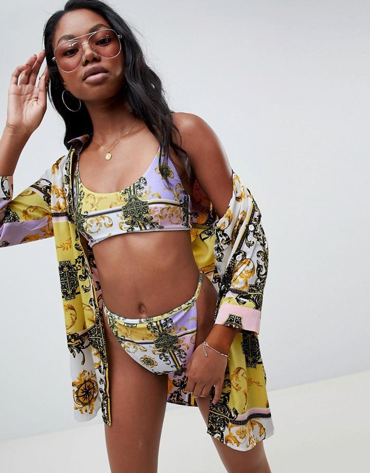 Asos Design Strappy Back Crop Bikini Top In Pastel Baroque Print - Multi