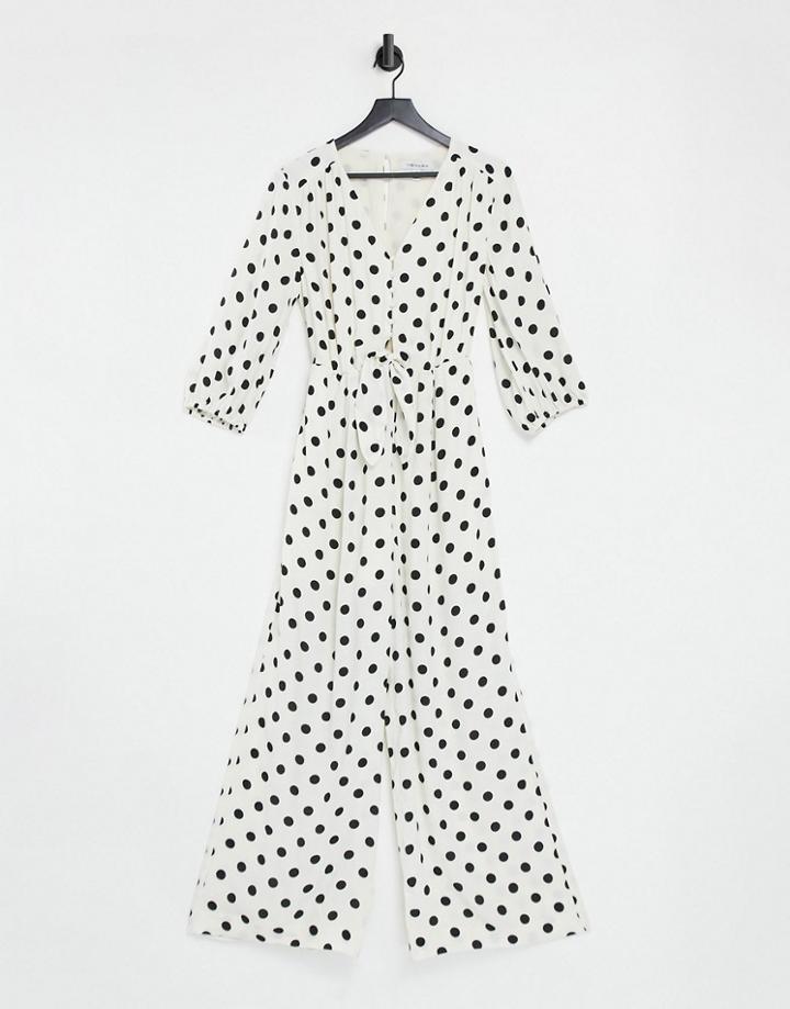 Ever New Tie Waist Wide Leg Jumpsuit With Button Detail In Cream Polka Dot-multi
