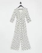 Ever New Tie Waist Wide Leg Jumpsuit With Button Detail In Cream Polka Dot-multi