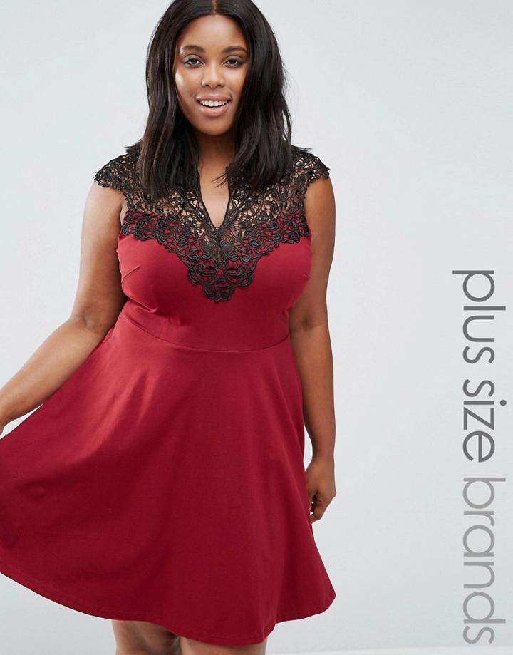 Ax Paris Plus Skater Dress With Lace Top - Red