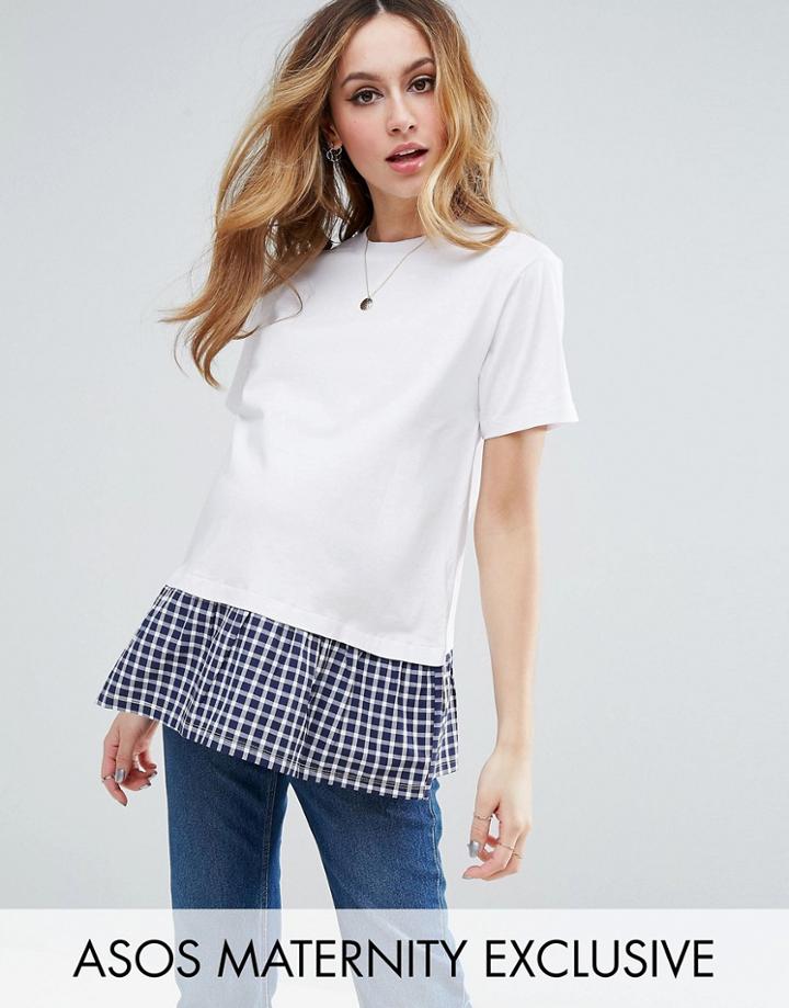 Asos Maternity T-shirt With Woven Gingham Frill Hem - White