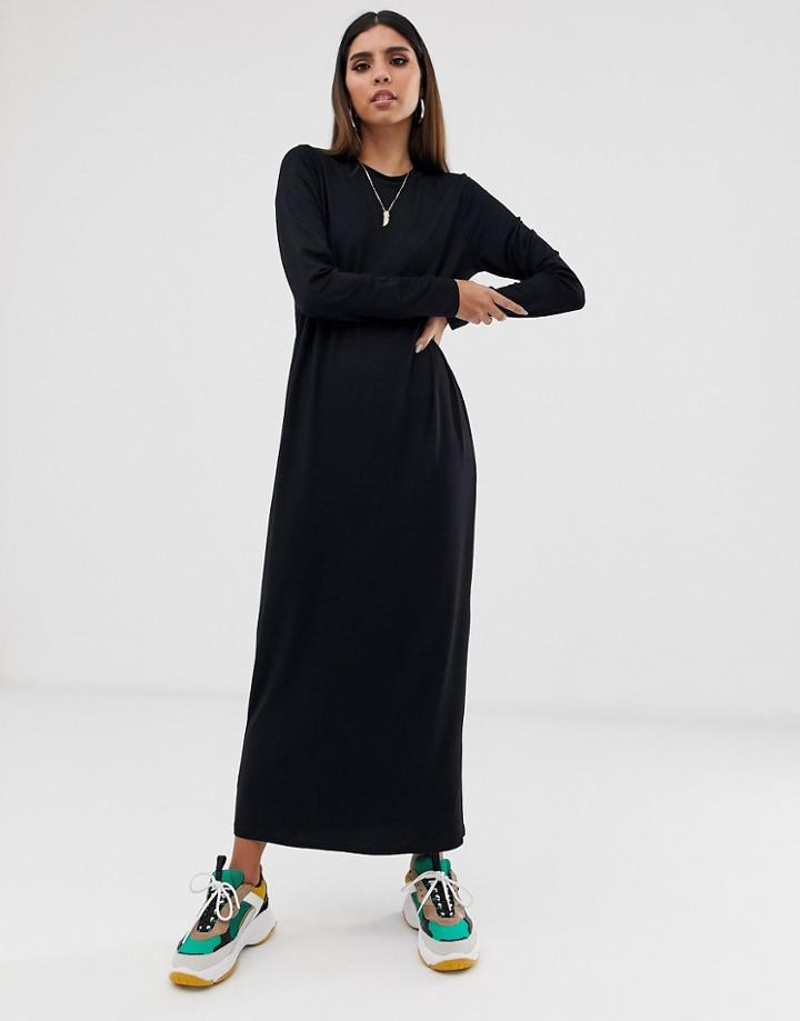 Asos Design Long Sleeve Maxi T-shirt Dress - Black